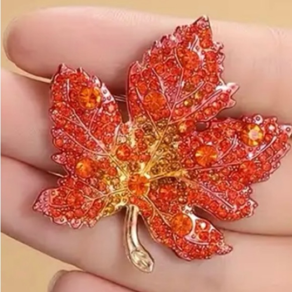 NWOT - Vibrant Orange Rhinestone Maple Leaf Brooch